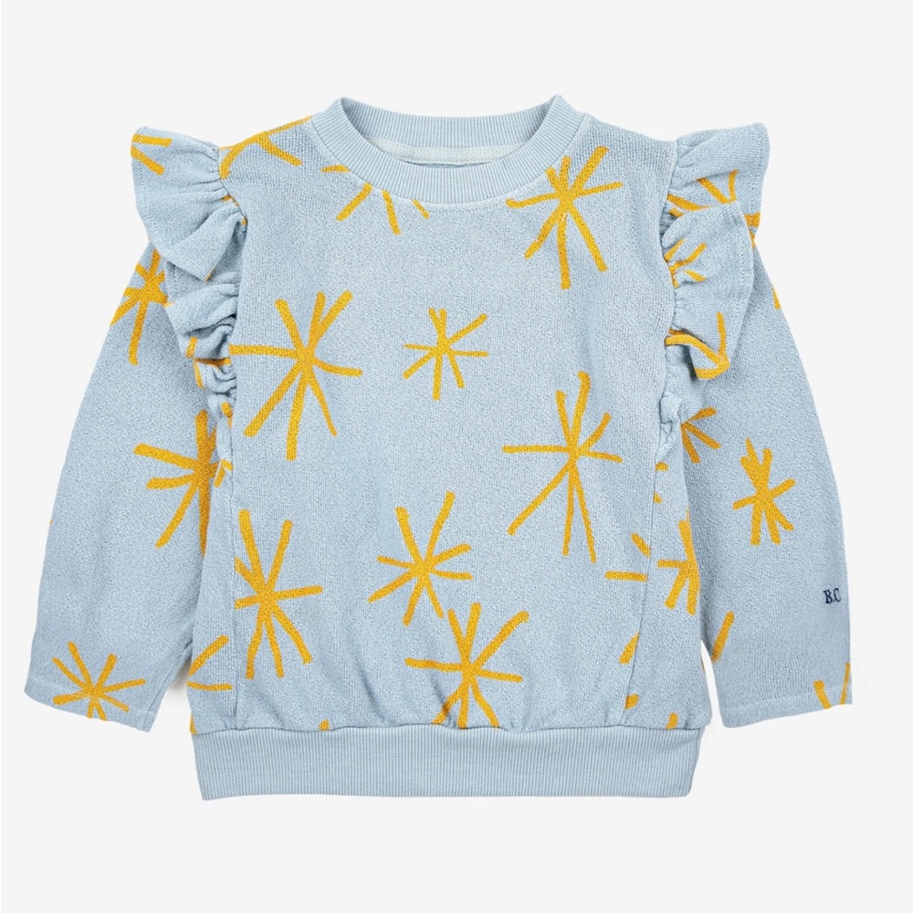 BOBO CHOSES Kids Blue and Yellow Starburst Ruffle Top, 2T-3T.